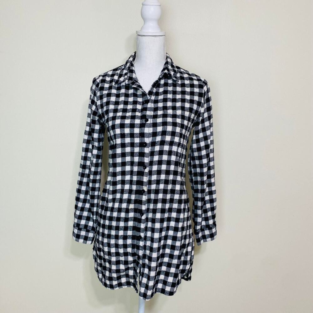 Banjul Women's Plaid‎ Flannel Button Down Collared Shirts, Small, Black & White